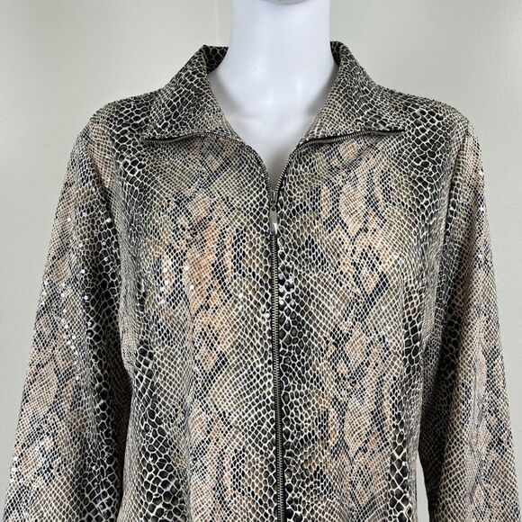 Misook Womens Size L Brown Sequin Snakeskin Print Lightweight Full Zip Jacket - Picture 3 of 13